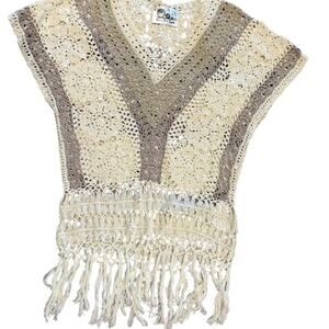 Peace & Love Women’s Medium Ivory & Taupe Crochet V-Neck Sweater Fringe Bottom